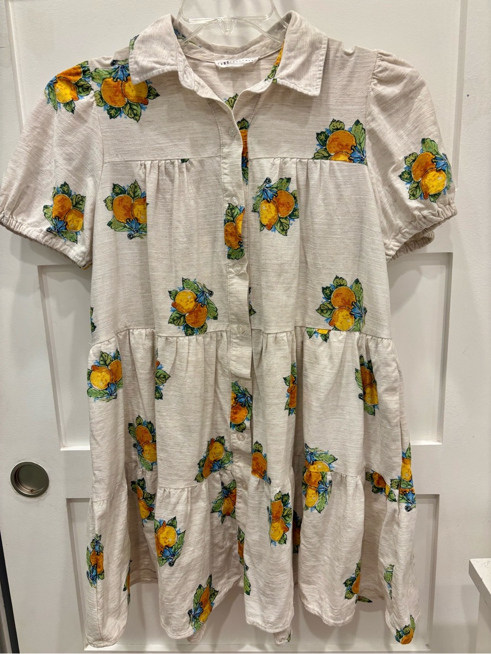 Jane and Delancey Cream Midi Dress with Yellow Lemon Print Linen Blend Size S